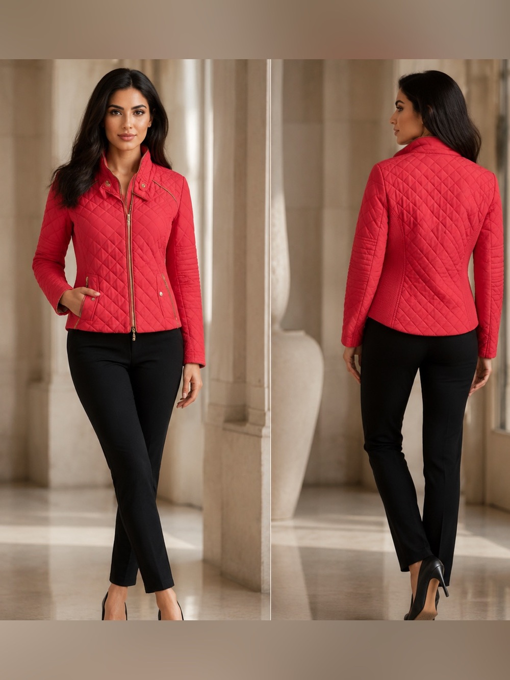 Active USA Coral-Red Quilted Jacket with Contrast Trim